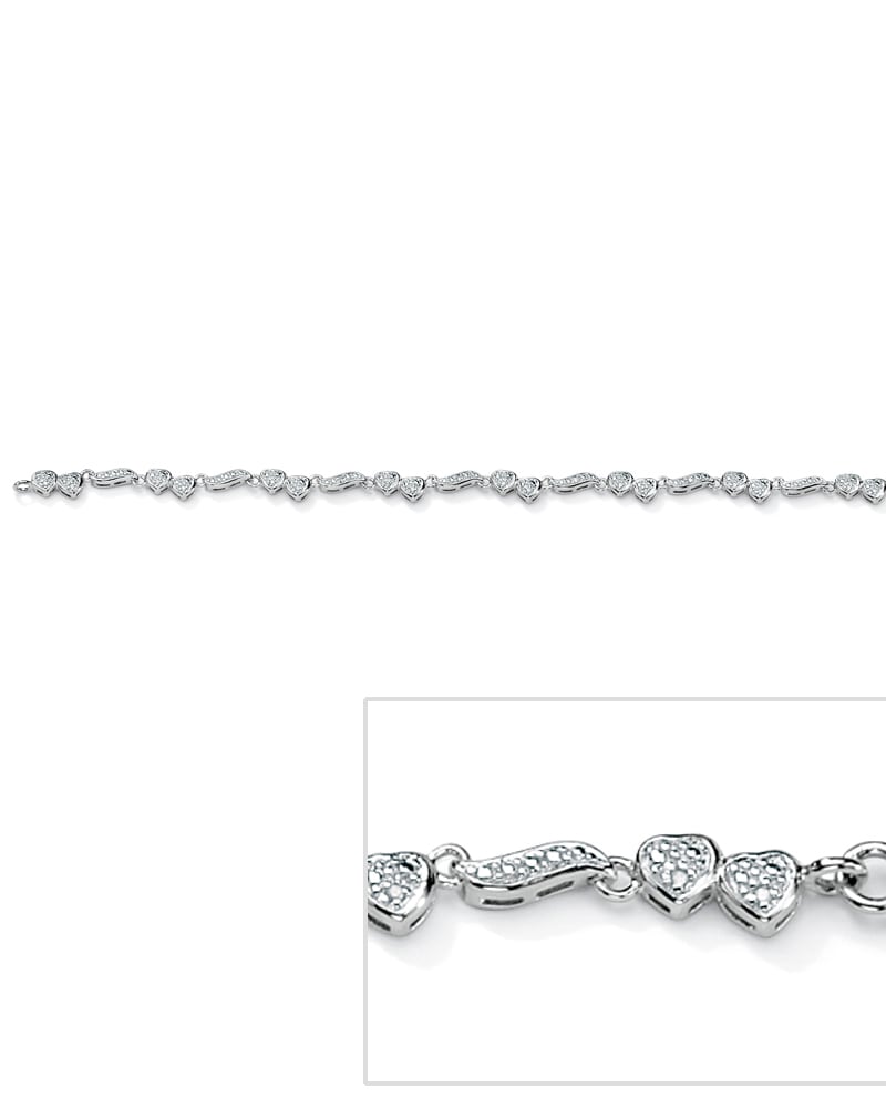 Front of a size 9 in 1/7 TCW Diamond Accented Heart Wings Ankle Bracelet Platinum-Plated Silver in White by PalmBeach Jewelry. | dia_product_style_image_id:286228